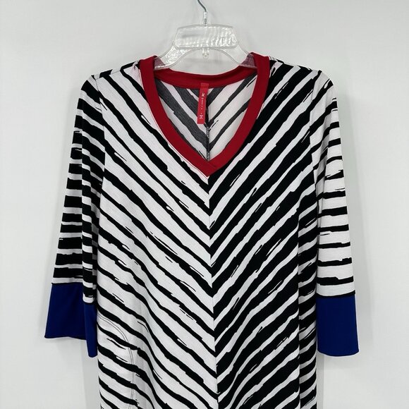 IC BY CONNIE K shirt top tunic striped knit 3/4 sleeve pockets v neck LARGE - Picture 3 of 9